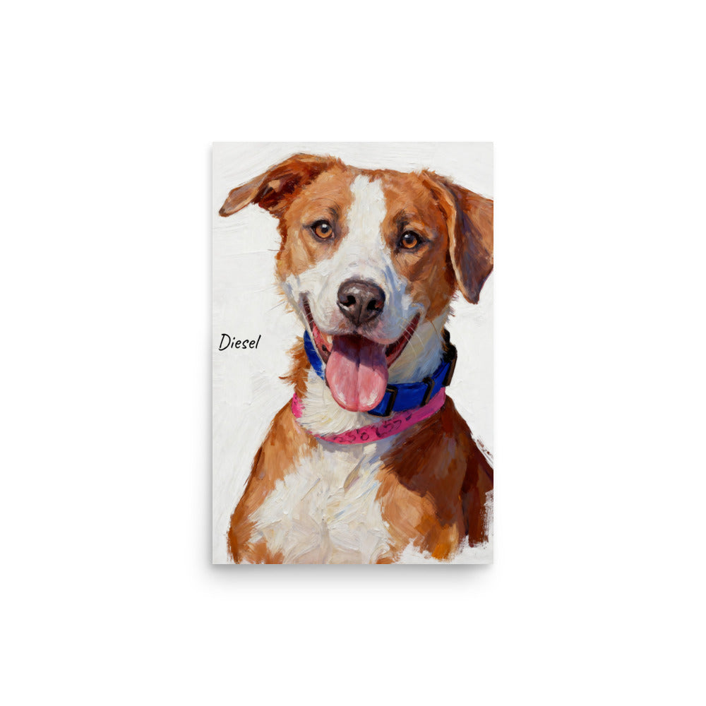 Modern pet portrait poster illustrated in minimalist oil painting style.