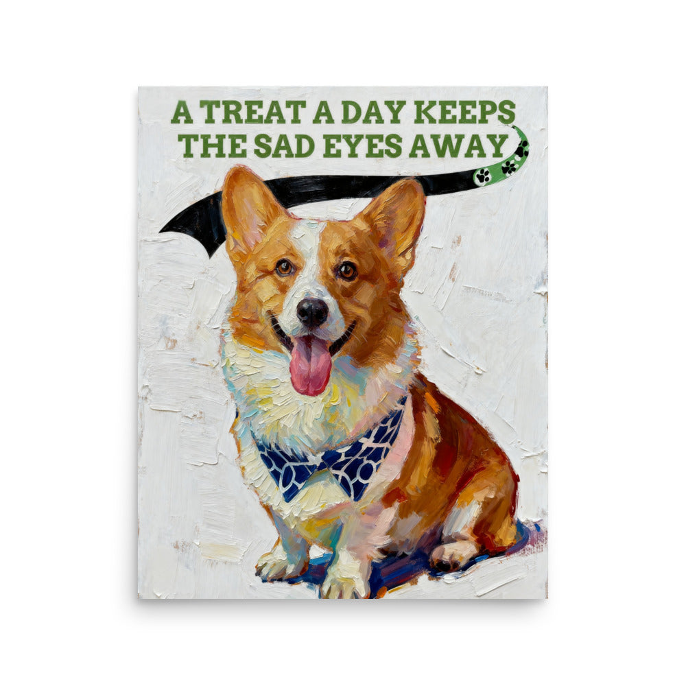 Modern pet portrait of a happy Corgi with tongue out, under a playful banner on textured background.