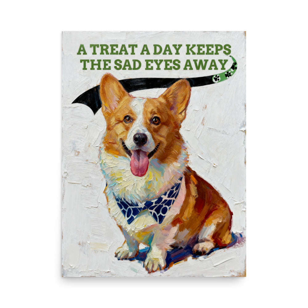 Modern pet portrait of a happy Corgi with tongue out, under a playful banner on textured background.