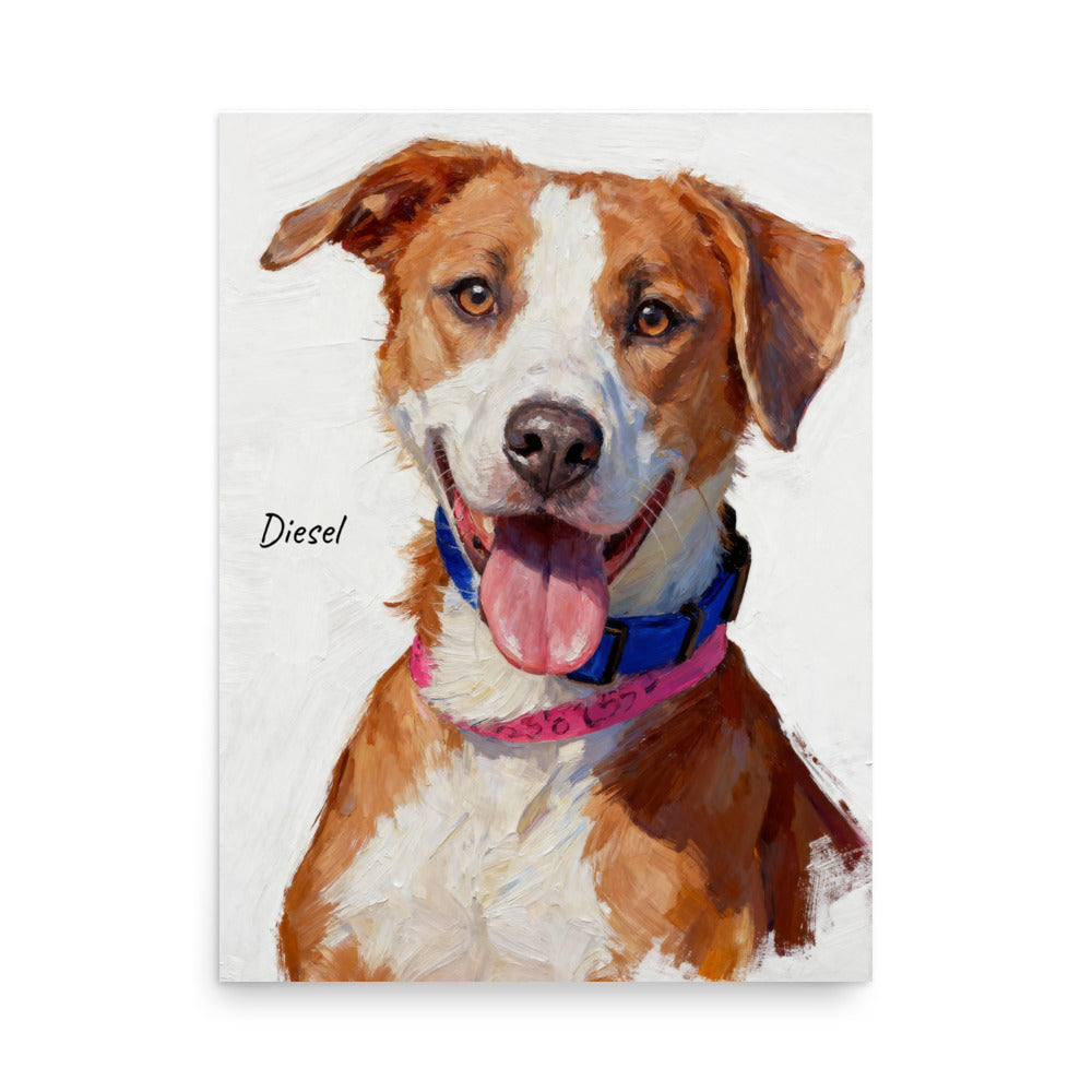 Modern pet portrait poster illustrated in minimalist oil painting style.