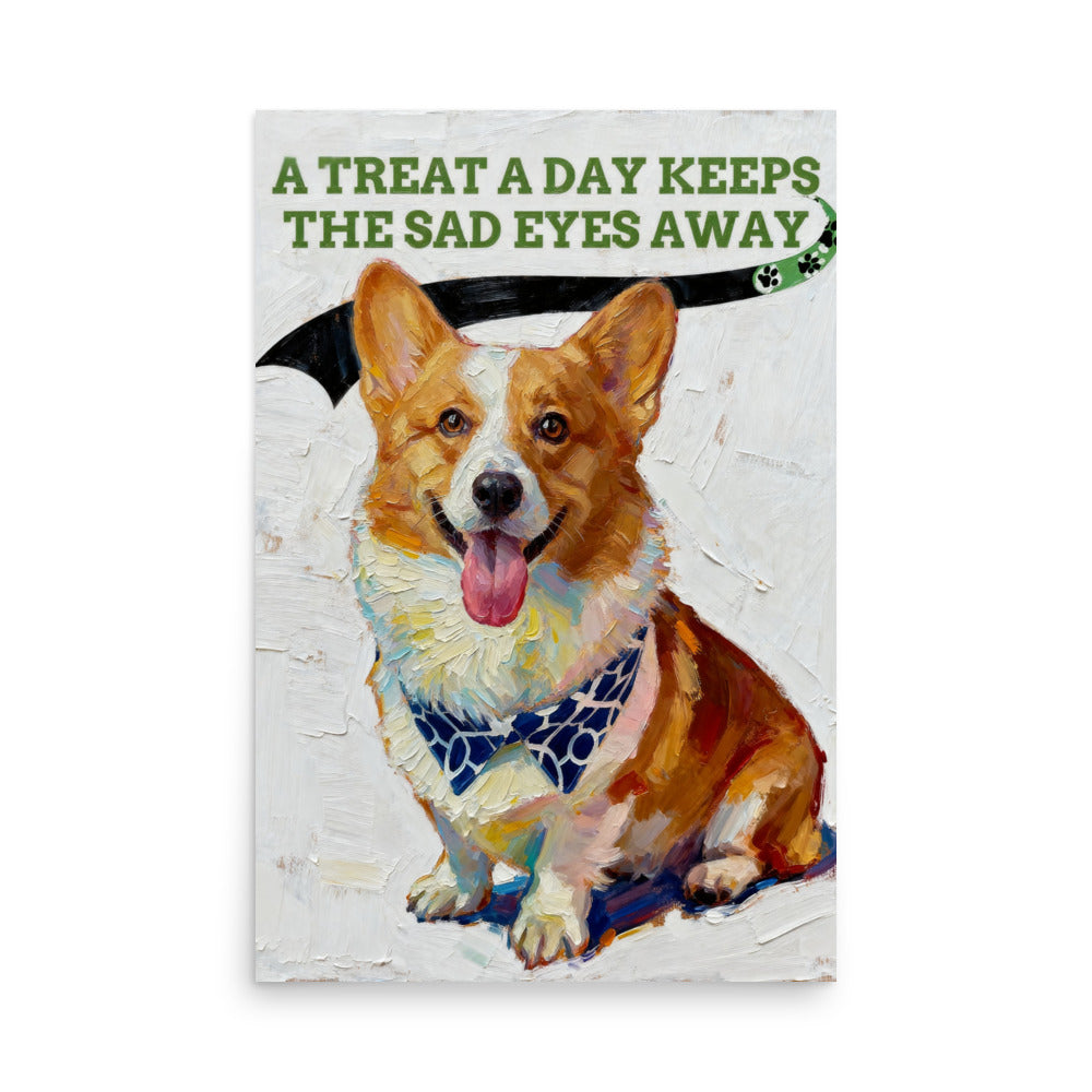Modern pet portrait of a happy Corgi with tongue out, under a playful banner on textured background.