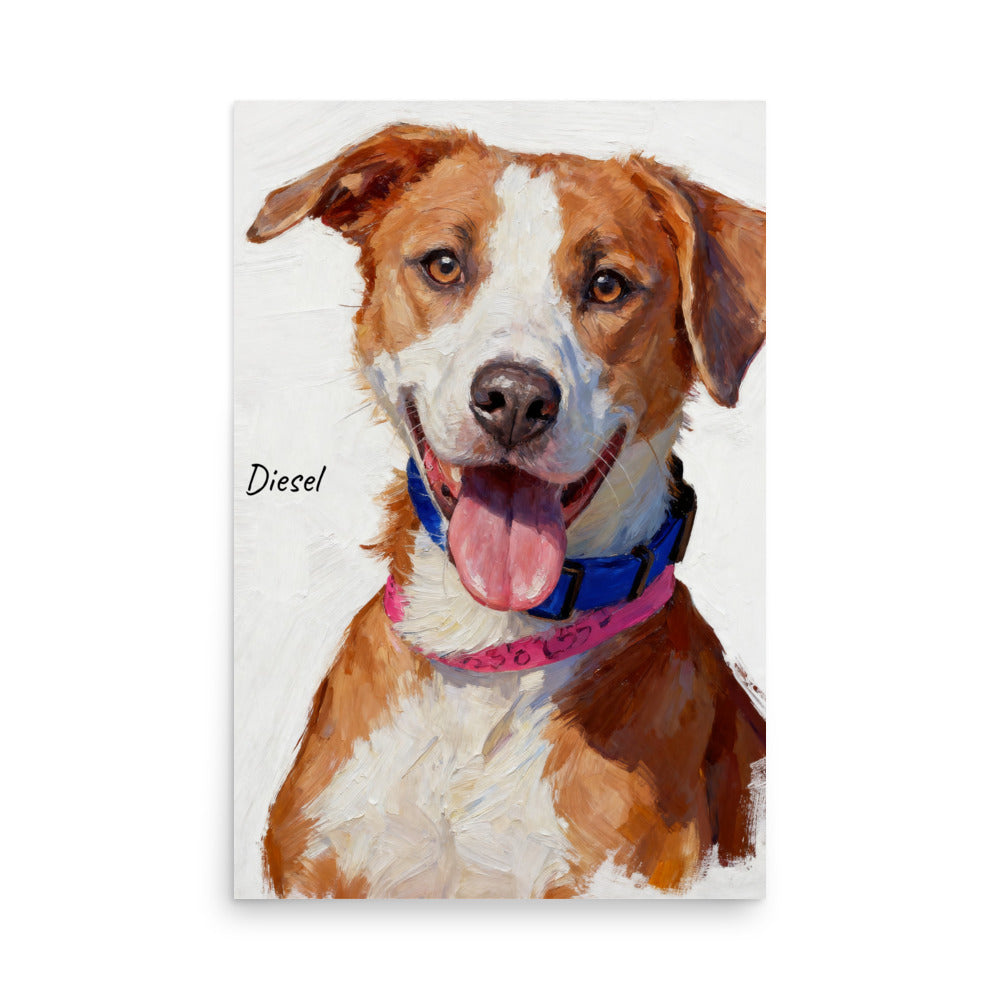 Modern pet portrait poster illustrated in minimalist oil painting style.