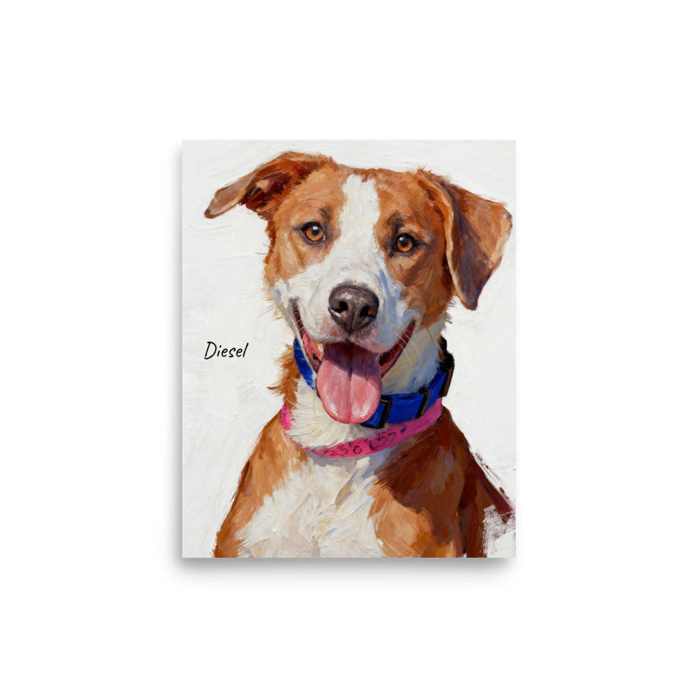 Modern pet portrait poster illustrated in minimalist oil painting style.