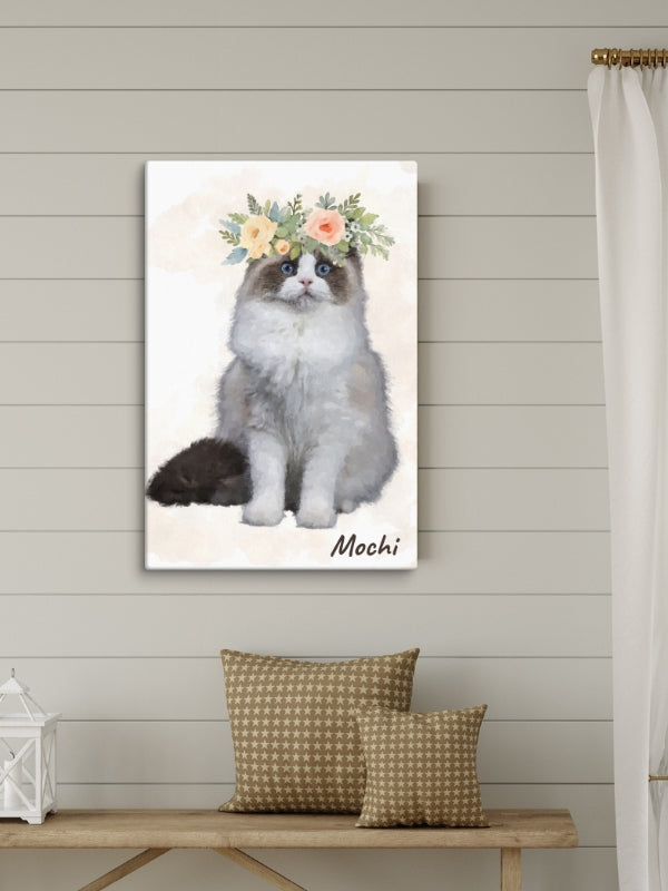 Fluffy gray-and-white cat named Mochi wearing a pastel flower crown in a charming portrait.