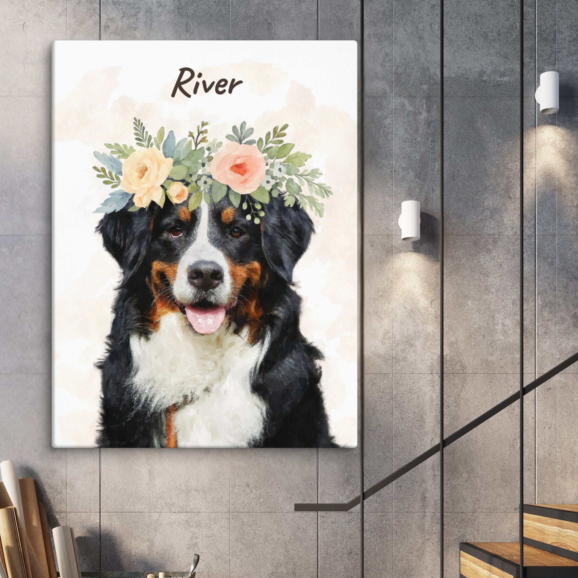 Watercolor portrait of a Bernese Mountain Dog named River wearing a flower crown, with her name above in cursive.
