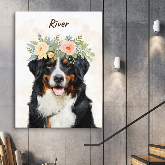 Watercolor portrait of a Bernese Mountain Dog named River wearing a flower crown, with her name above in cursive.