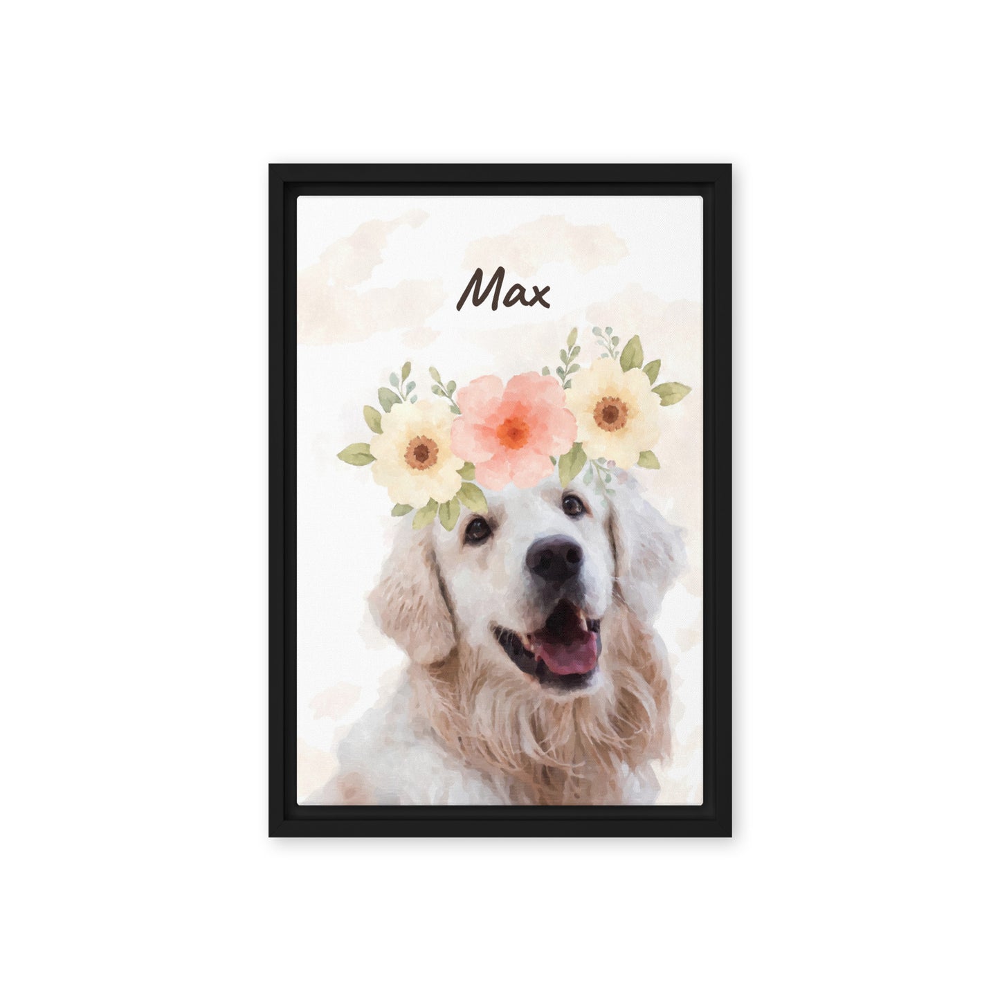 Framed watercolor pet portrait of a dog named Max with a pink and white flower crown, surrounded by floating petals. Her name appears in cursive on the top.