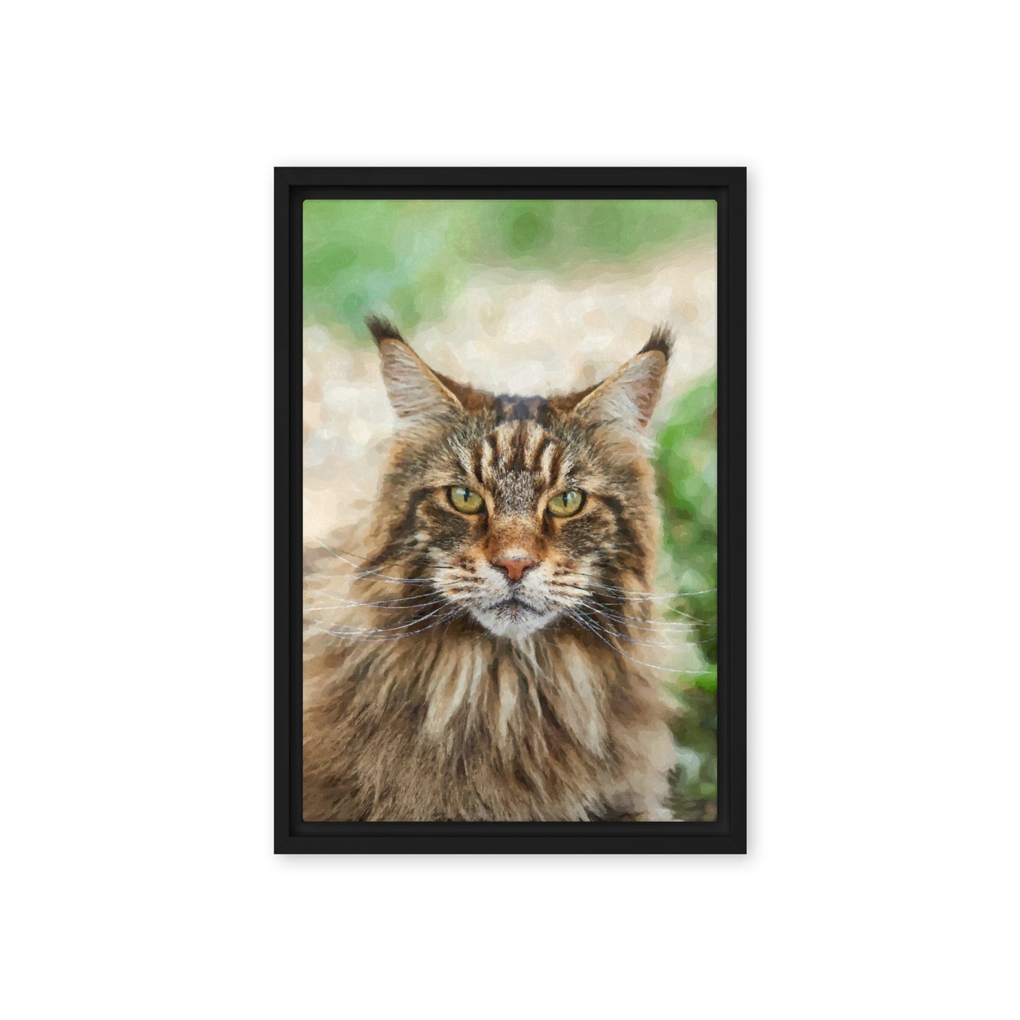 Framed portrait of a Maine Coon cat with a natural background.
