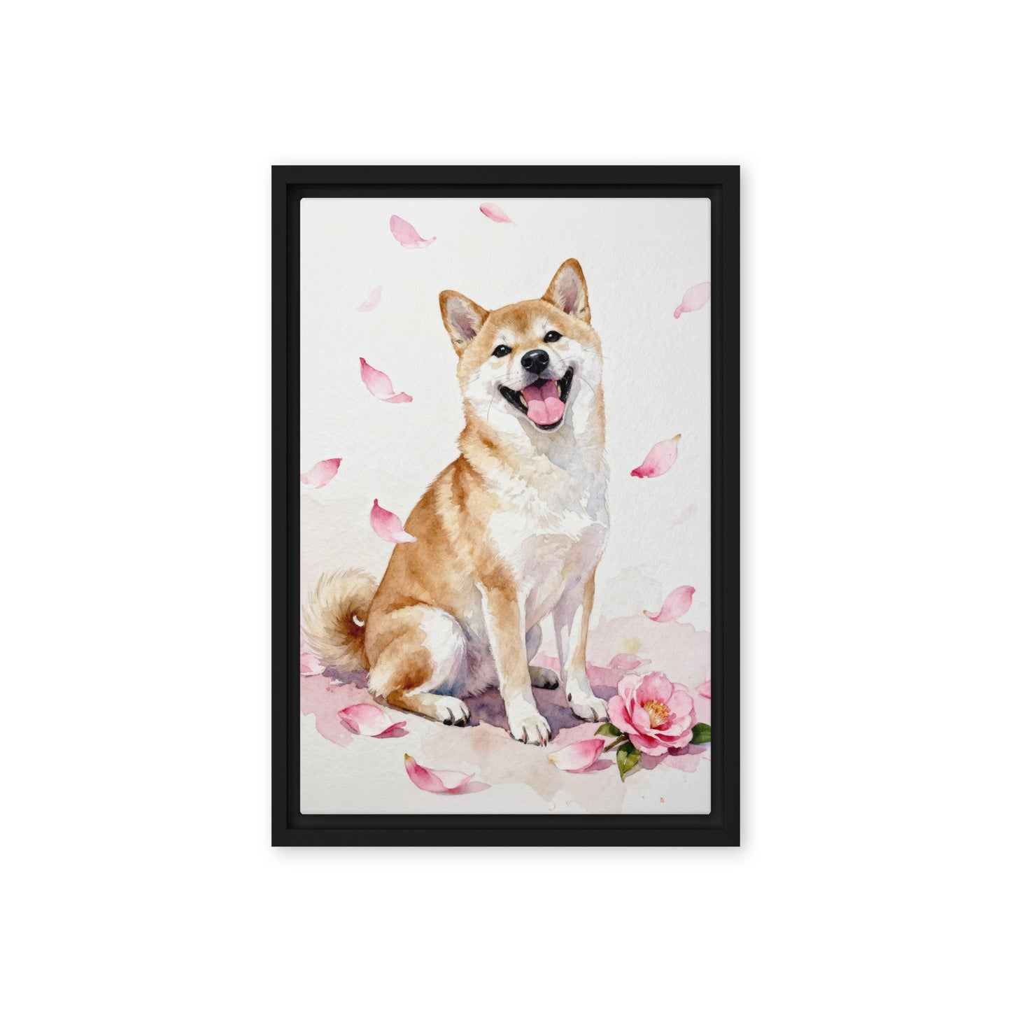 Watercolor Shiba Inu pet portrait with soft pink camellia petals, minimal background, and joyful expression.
