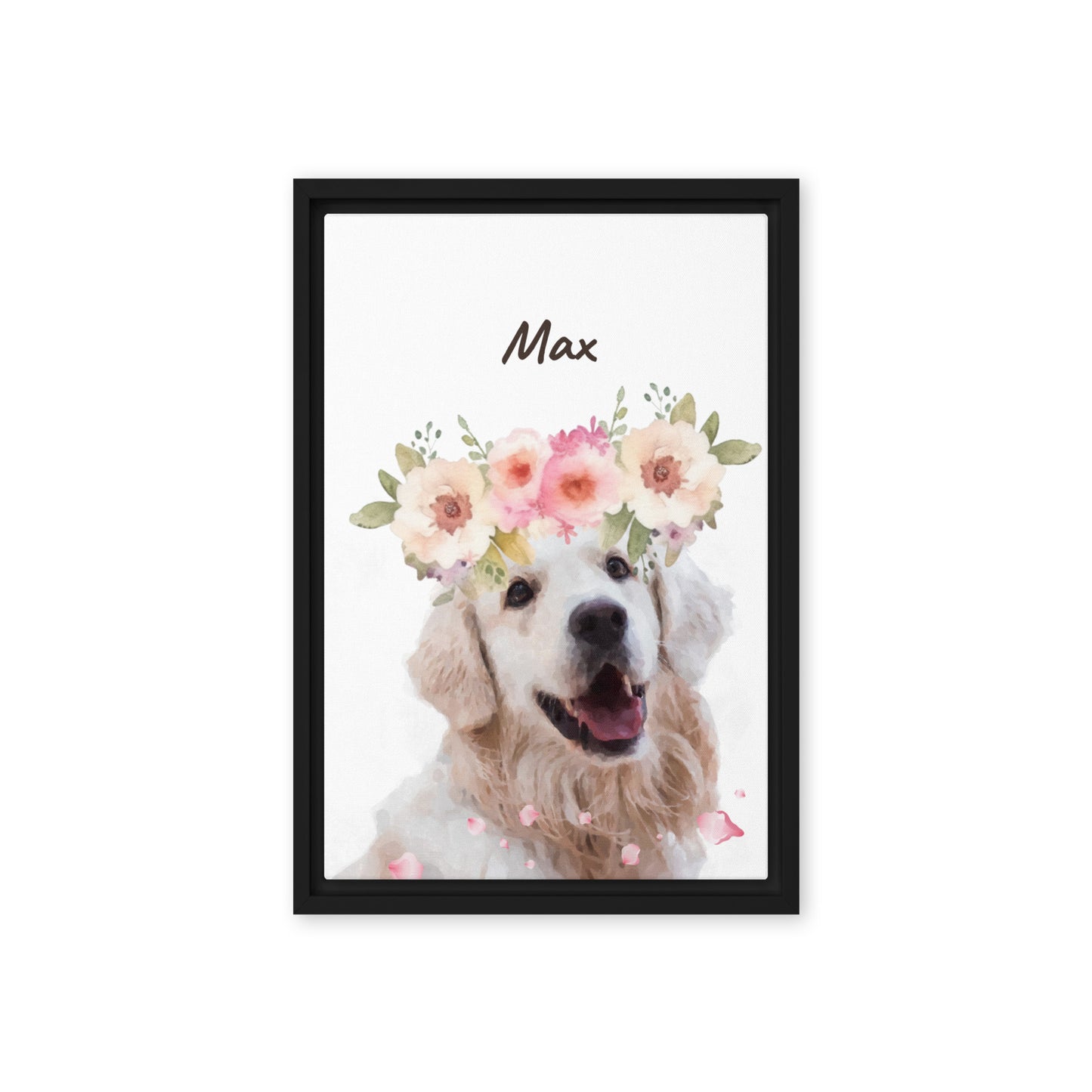 Watercolor dog framed portrait of Max wearing a pink flower crown, with his name below the image in cursive.