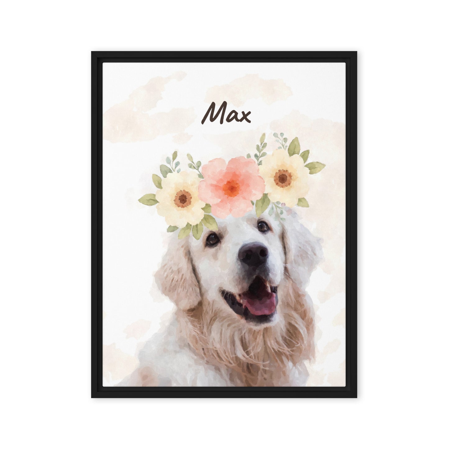 Framed watercolor pet portrait of a dog named Max with a pink and white flower crown, surrounded by floating petals. Her name appears in cursive on the top.