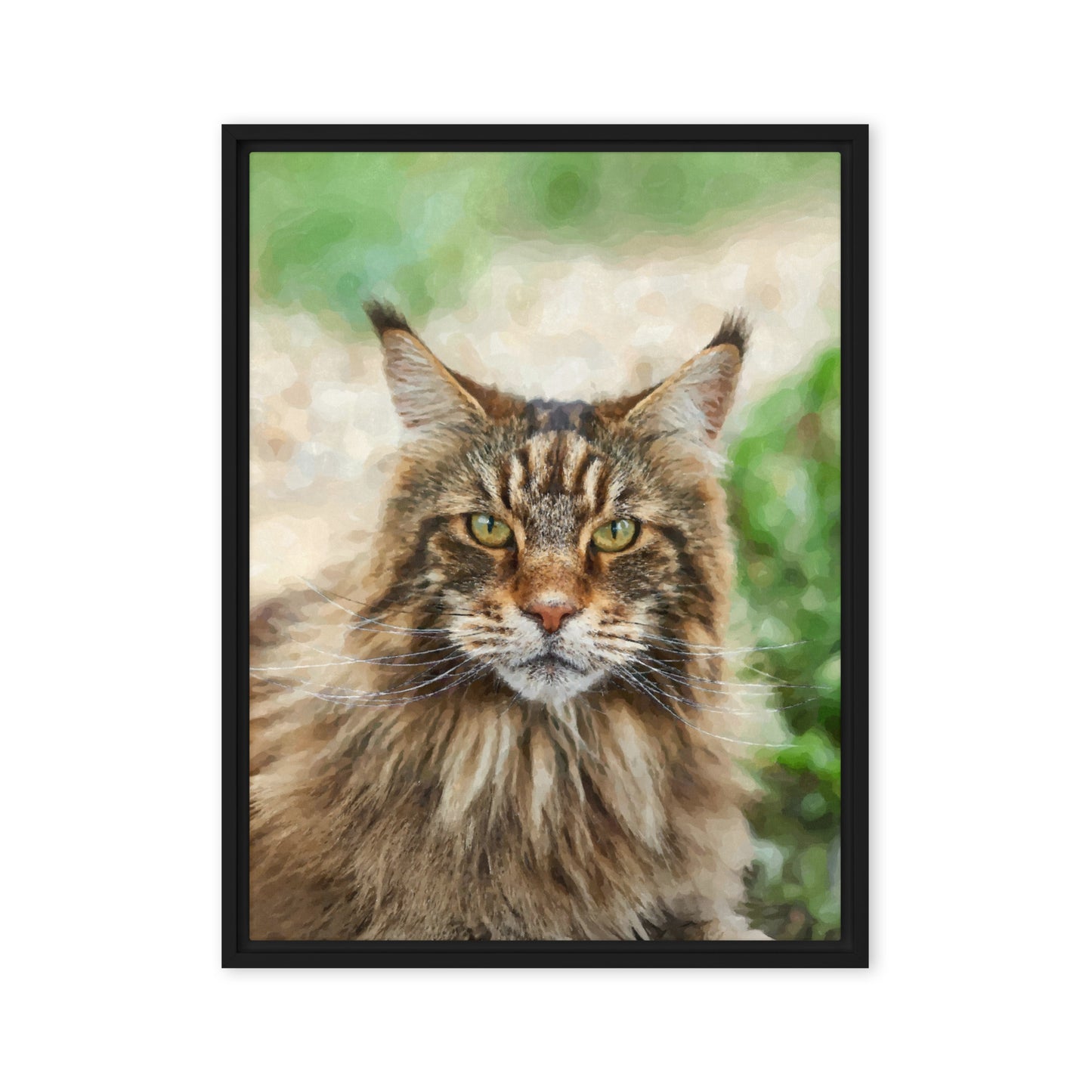 Framed portrait of a Maine Coon cat with a natural background.