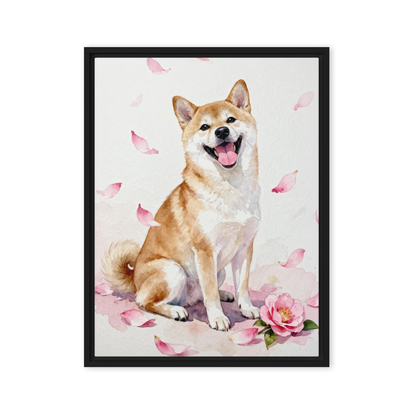 Watercolor Shiba Inu pet portrait with soft pink camellia petals, minimal background, and joyful expression.