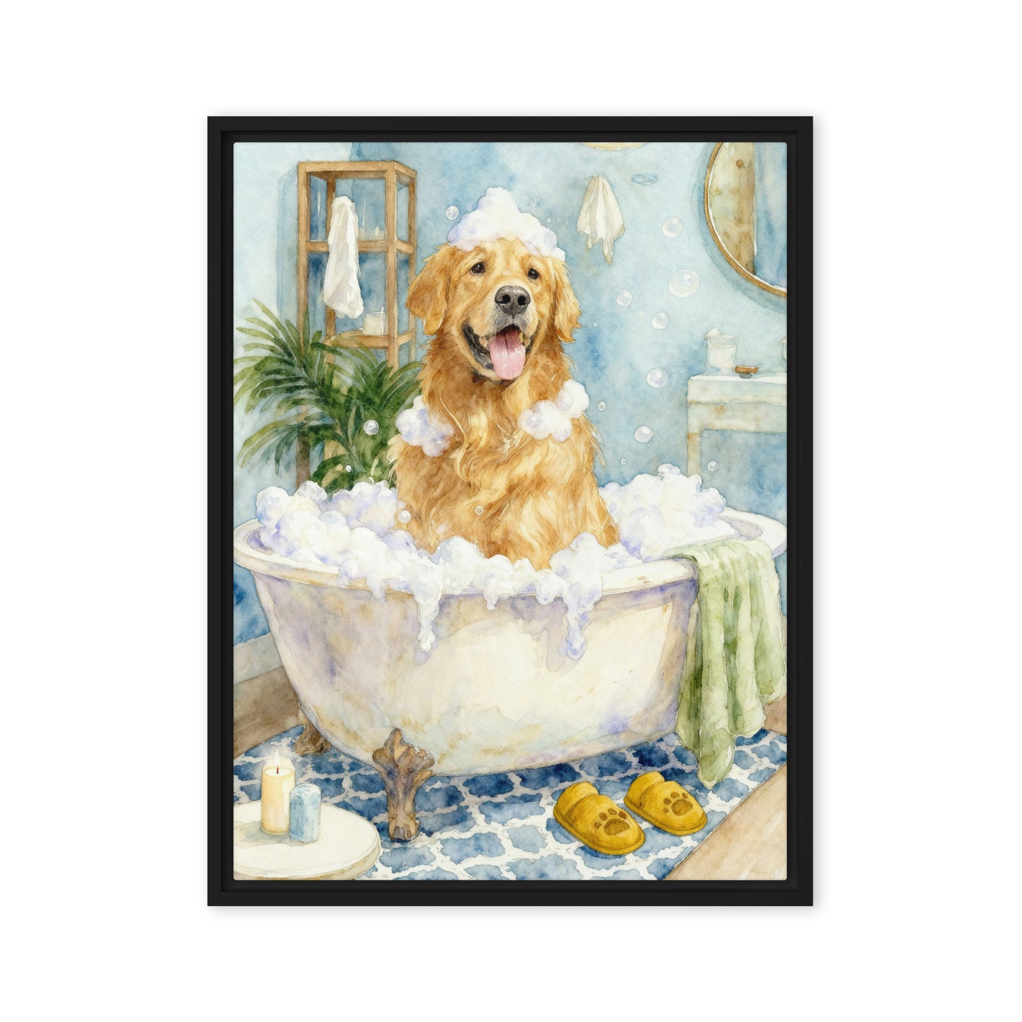 Dog bathroom portrait featuring a pet sitting in a vintage-style bathtub surrounded by bubbles and cozy bathroom decor in a whimsical watercolor scene.