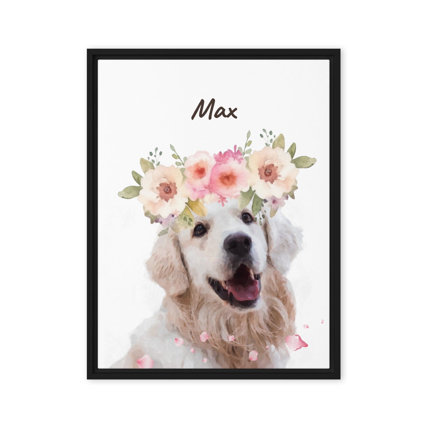 Watercolor dog framed portrait of Max wearing a pink flower crown, with his name below the image in cursive.