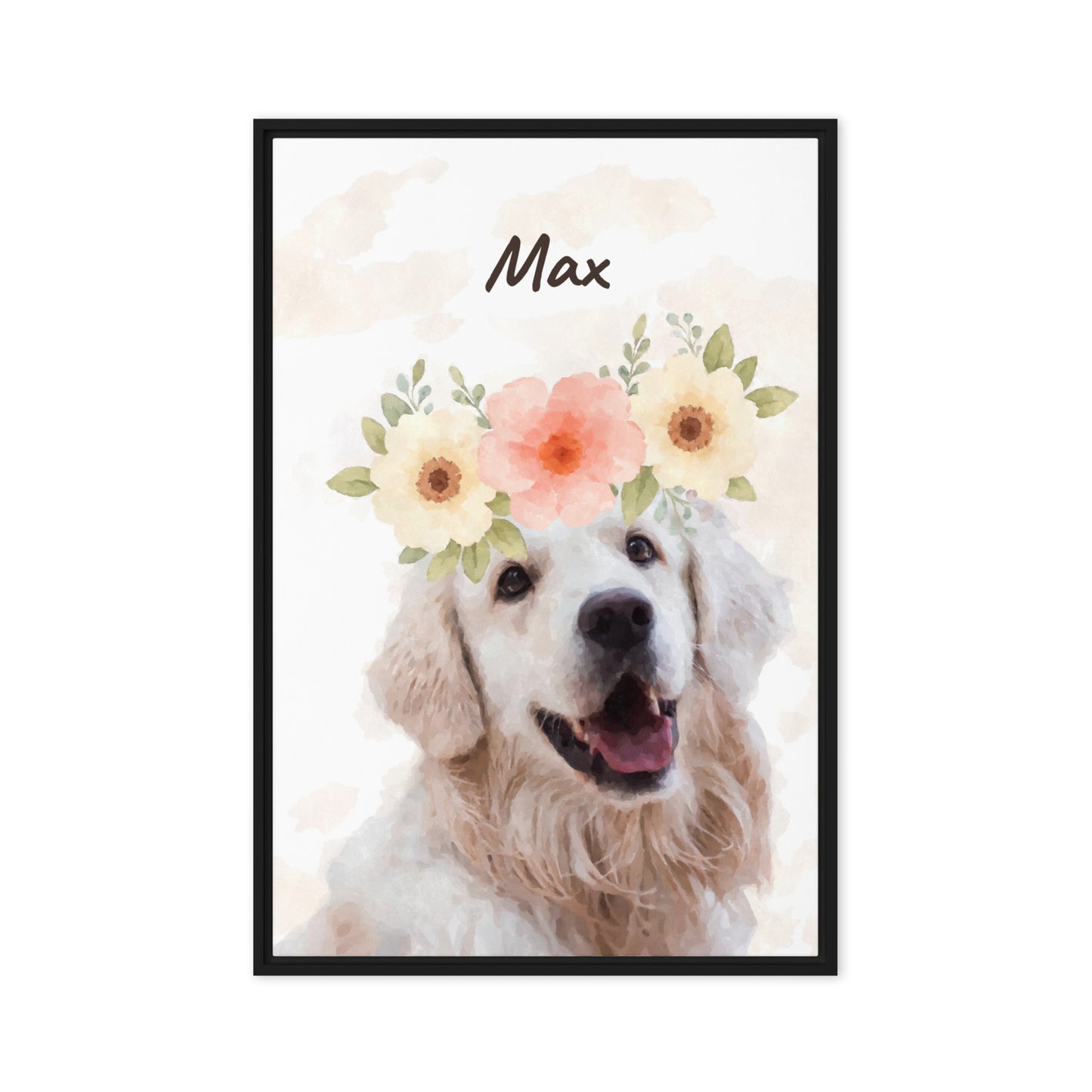 Framed watercolor pet portrait of a dog named Max with a pink and white flower crown, surrounded by floating petals. Her name appears in cursive on the top.