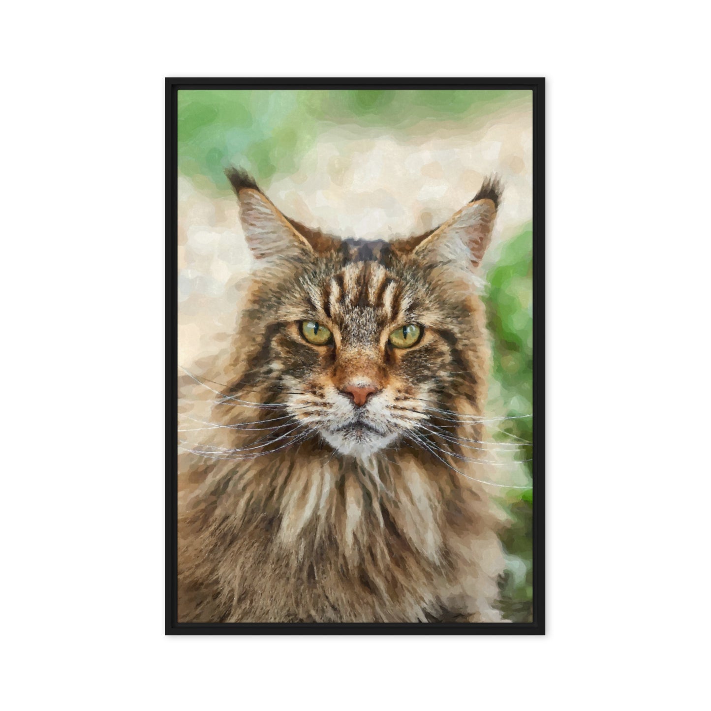 Framed portrait of a Maine Coon cat with a blurred natural background.