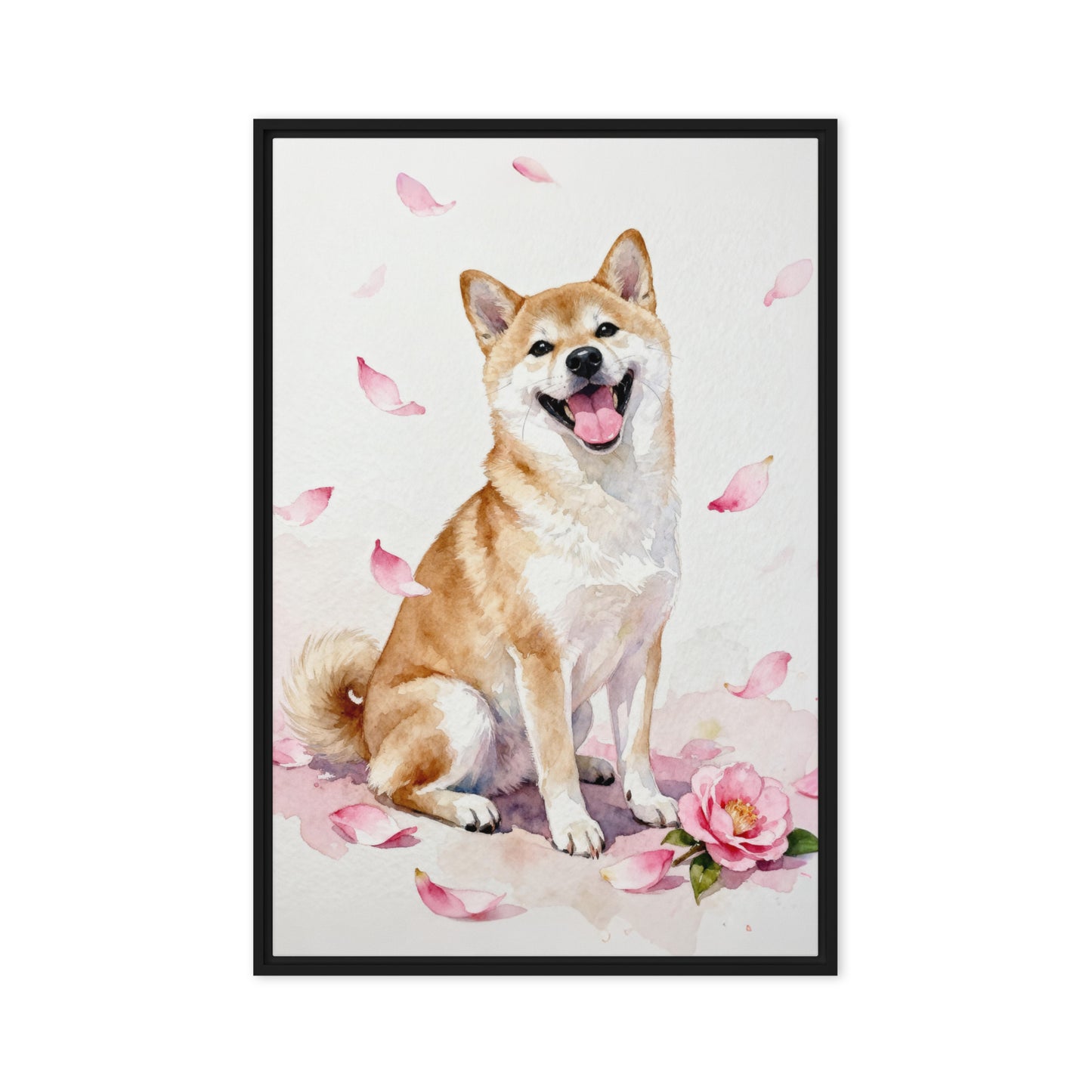 Watercolor Shiba Inu pet portrait with soft pink camellia petals, minimal background, and joyful expression.