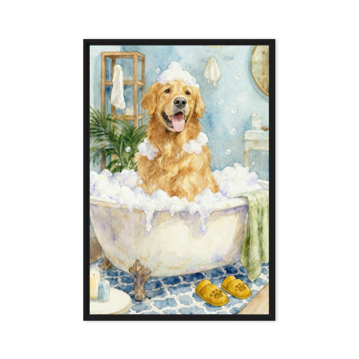 Dog bathroom portrait featuring a pet sitting in a vintage-style bathtub surrounded by bubbles and cozy bathroom decor in a whimsical watercolor scene.