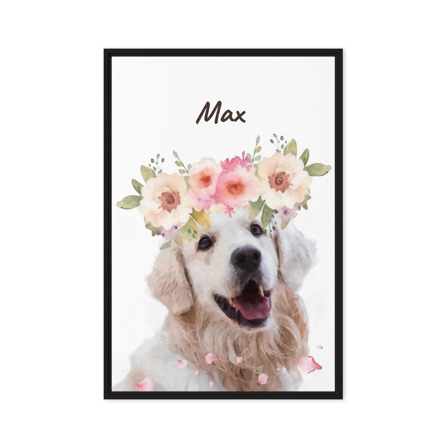 Watercolor dog framed portrait of Max wearing a pink flower crown, with his name below the image in cursive.
