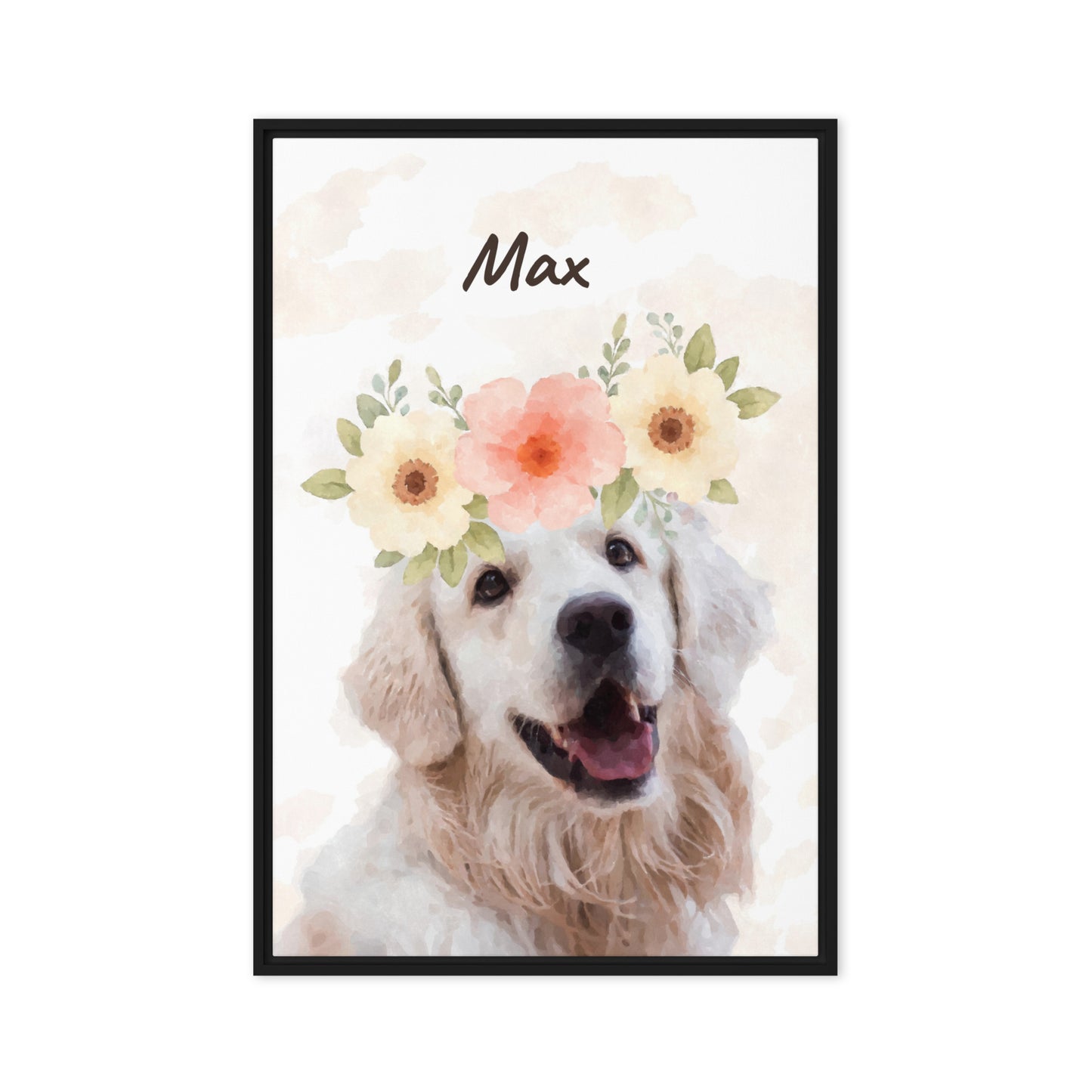 Framed watercolor pet portrait of a dog named Max with a pink and white flower crown, surrounded by floating petals. Her name appears in cursive on the top.