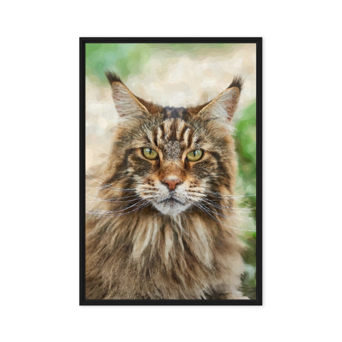 Framed portrait of a Maine Coon cat with a natural background.