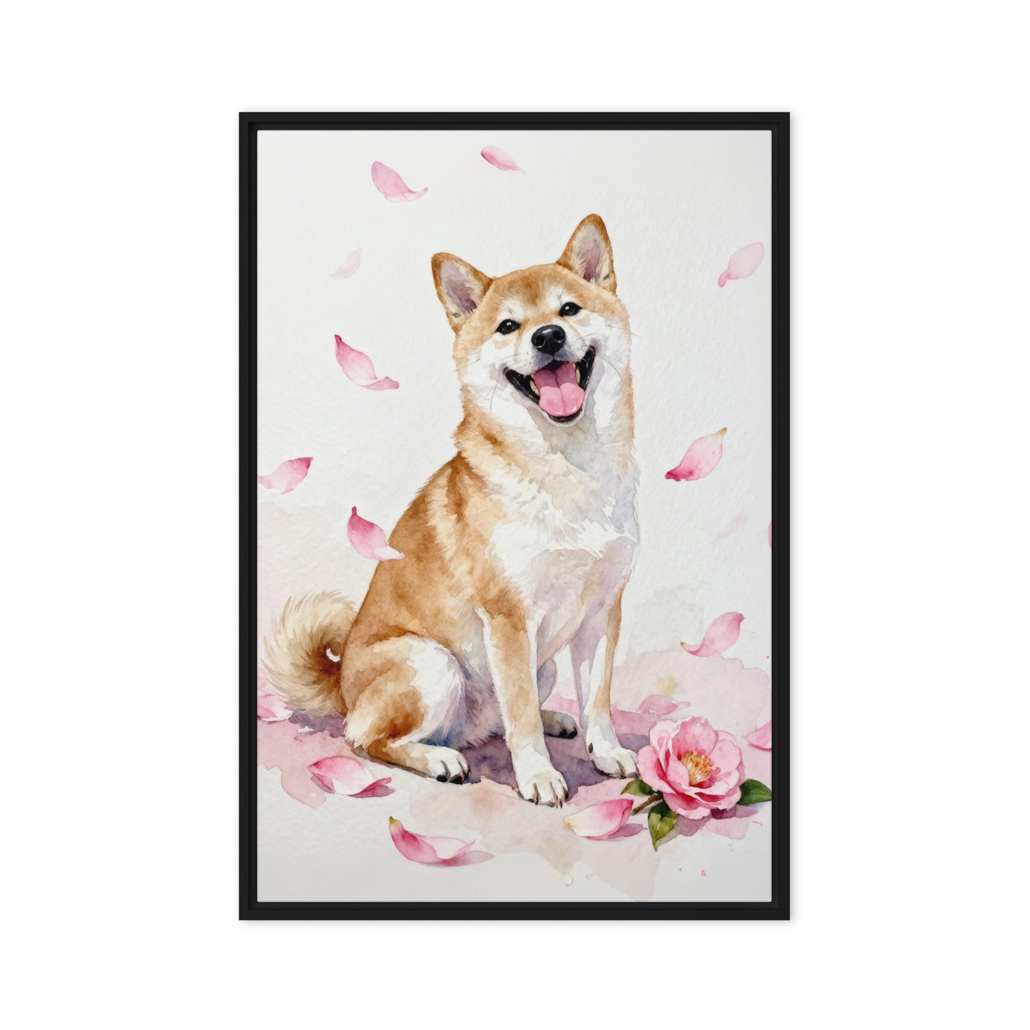 Watercolor Shiba Inu pet portrait with soft pink camellia petals, minimal background, and joyful expression.