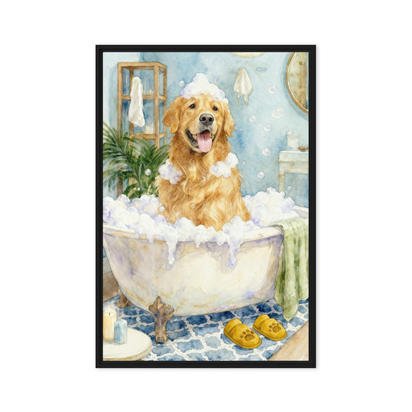 Dog bathroom portrait featuring a pet sitting in a vintage-style bathtub surrounded by bubbles and cozy bathroom decor in a whimsical watercolor scene.