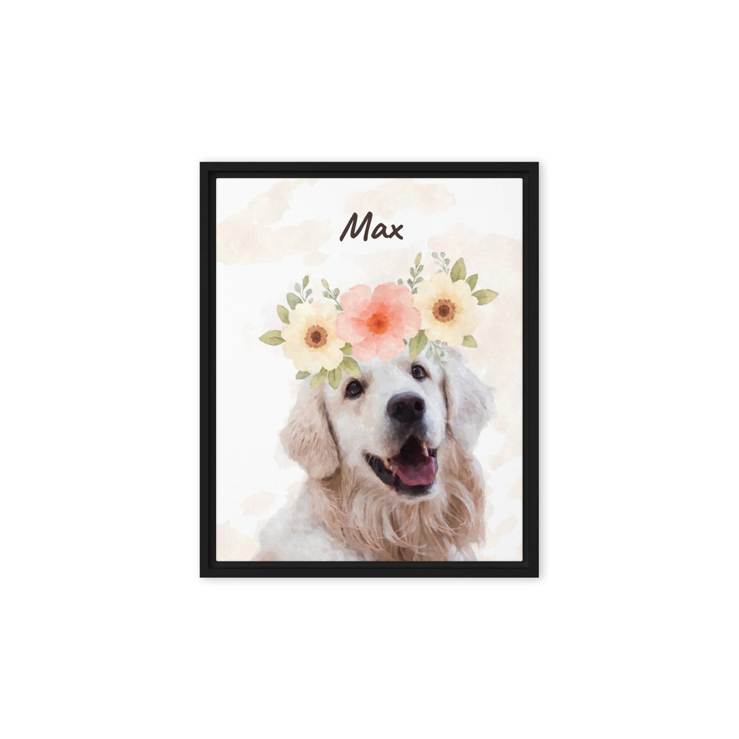 Framed watercolor pet portrait of a dog named Max with a pink and white flower crown, surrounded by floating petals. Her name appears in cursive on the top.