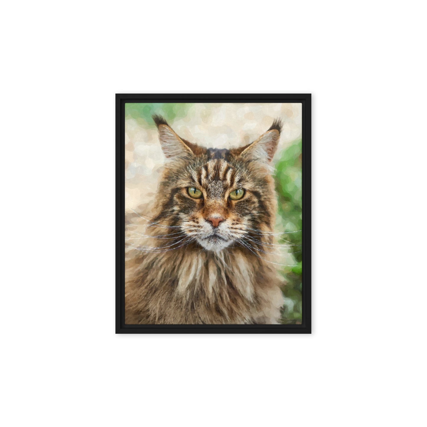 Framed portrait of a Maine Coon cat with a blurred green and brown background