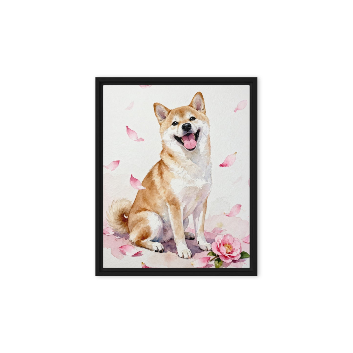 Watercolor Shiba Inu pet portrait with soft pink camellia petals, minimal background, and joyful expression.