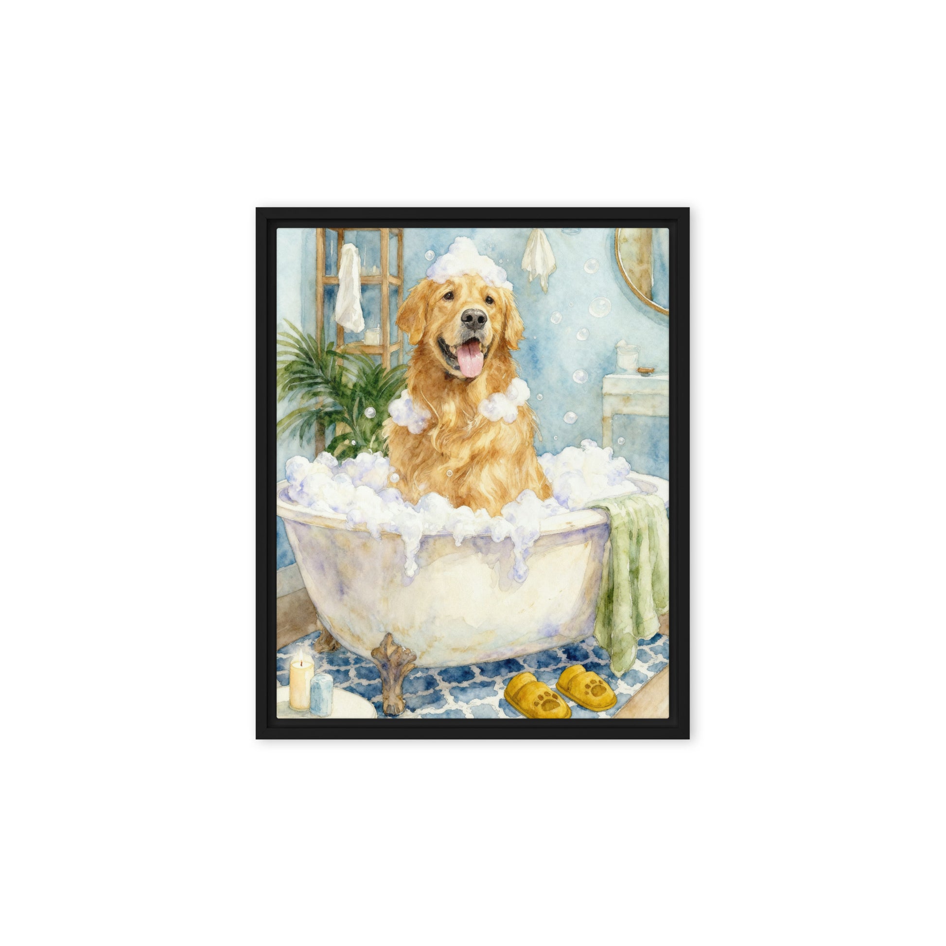 Dog bathroom portrait featuring a pet sitting in a vintage-style bathtub surrounded by bubbles and cozy bathroom decor in a whimsical watercolor scene.