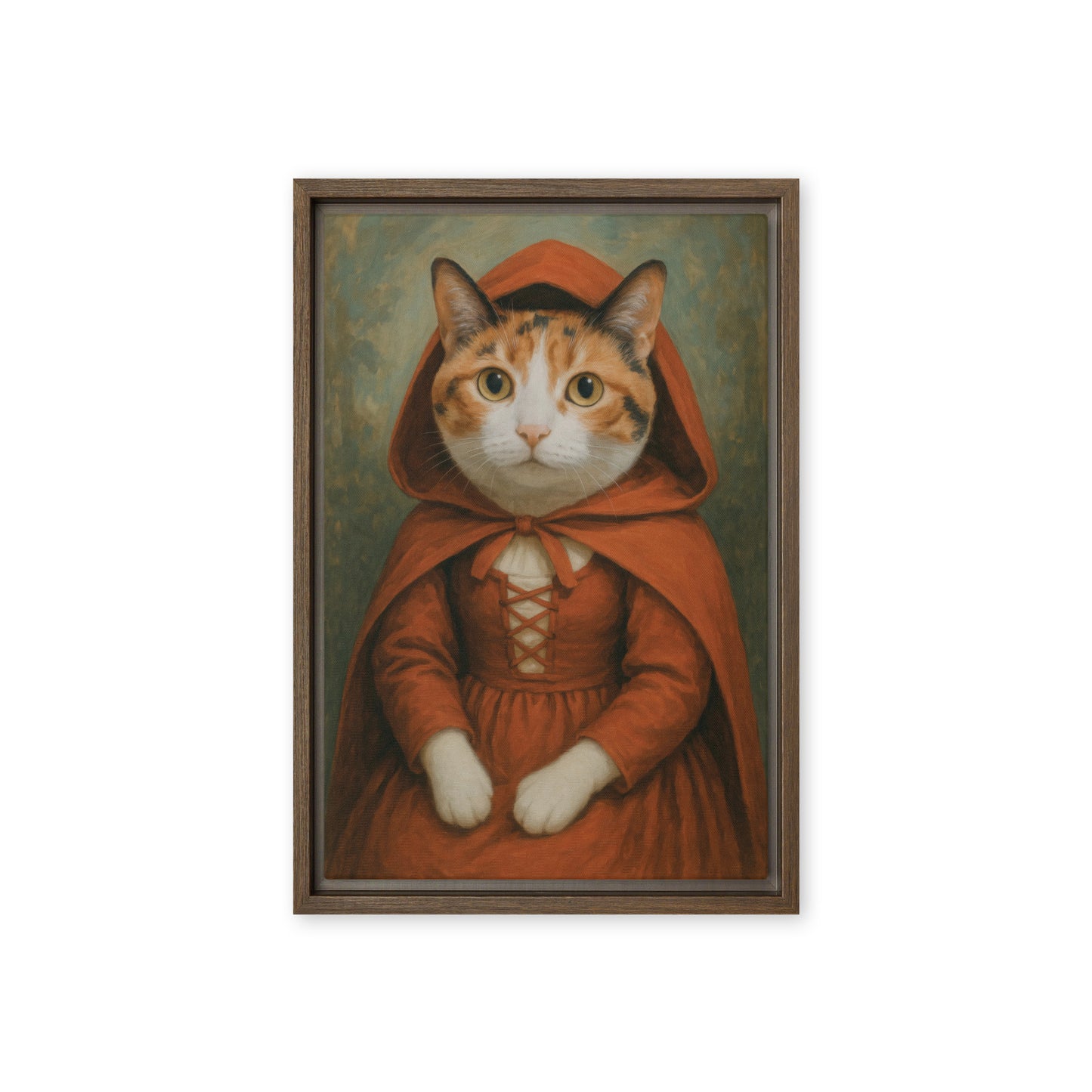 Framed vintage-style portrait of a cat dressed in a red hooded cloak and lace-up dress, inspired by Little Red Riding Hood. Whimsical and fairy-tale themed artwork.