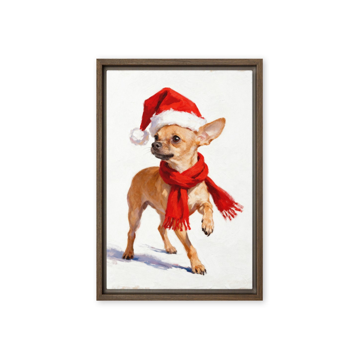 Whimsical Christmas Chihuahua portrait with red Santa hat and scarf on snowy white background.