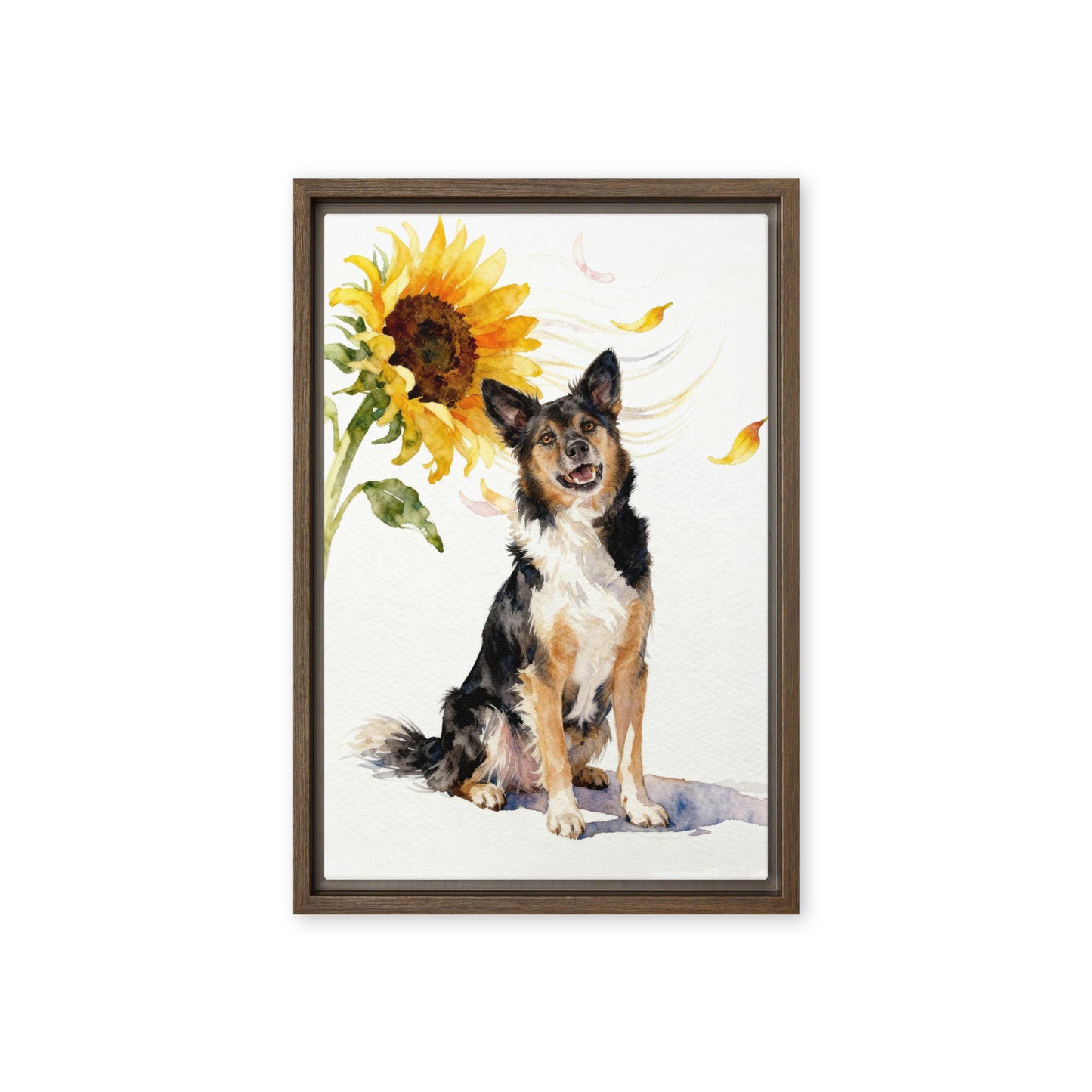 Custom watercolor sunflower pet portrait of a smiling dog with floating pink and yellow petals, painted on white background.