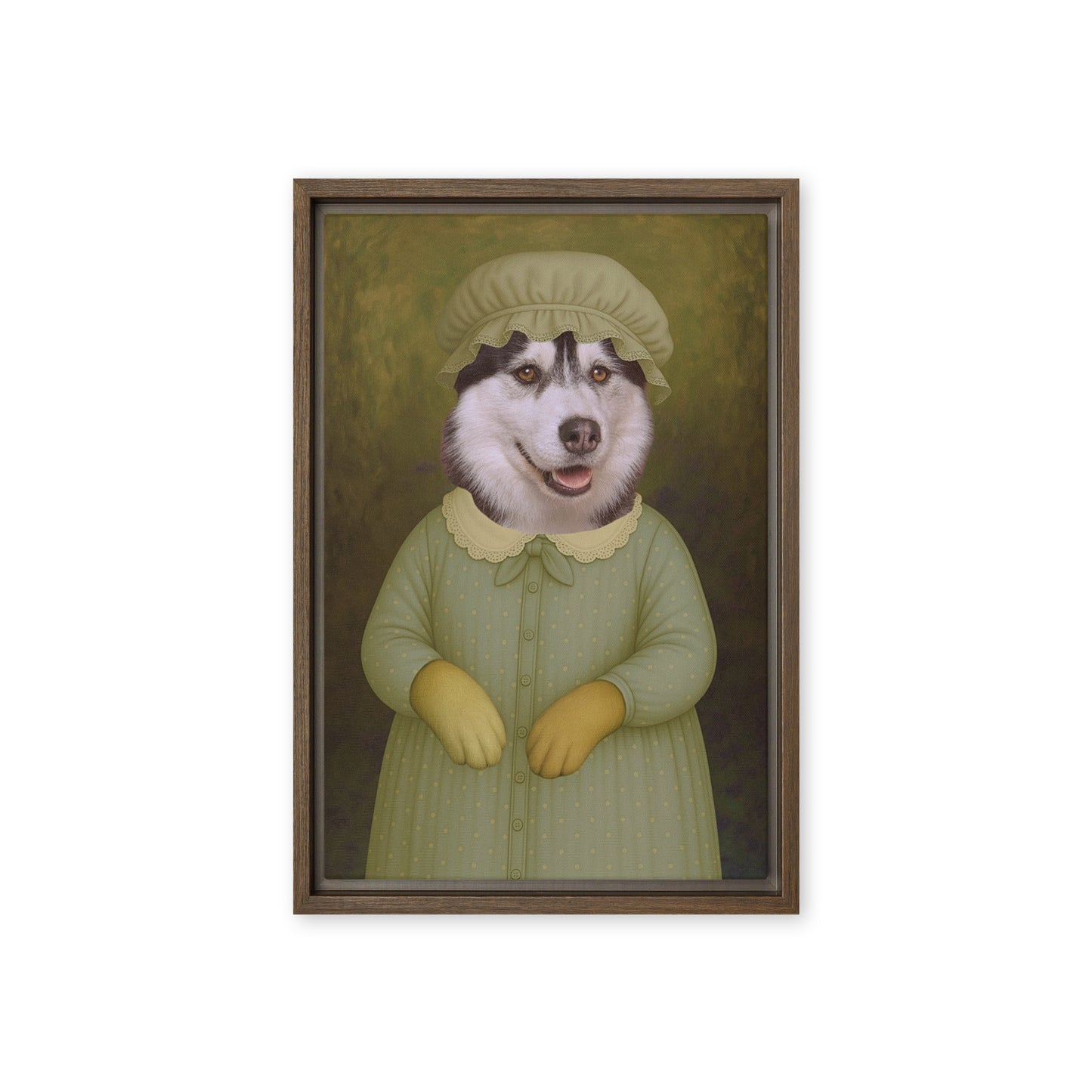 A framed canvas portrait of a Husky dog dressed as Granny Wolf, adorned in vintage-style clothing with intricate details, exuding a whimsical and nostalgic charm.