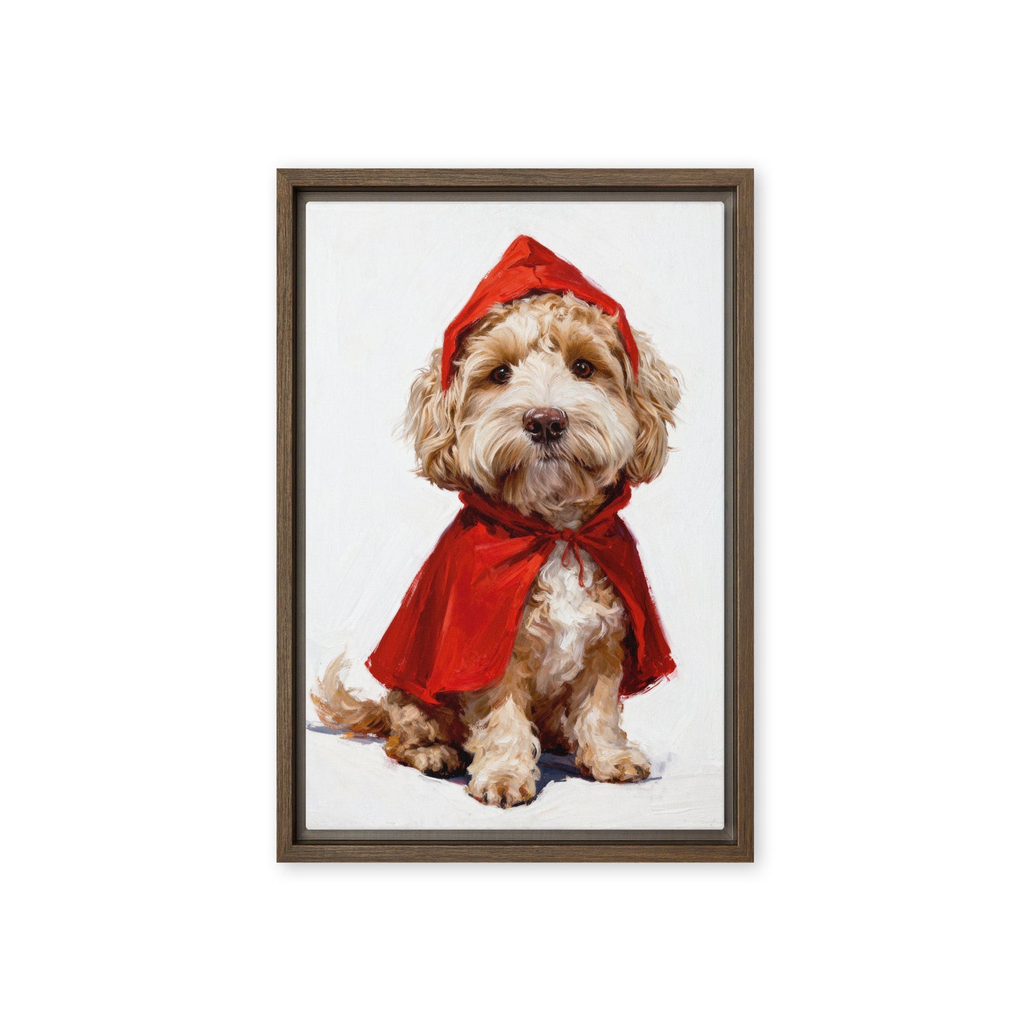 Custom pet portrait of a small dog in a red riding hood cape, whimsical fairy tale costume for personalized pet artwork.