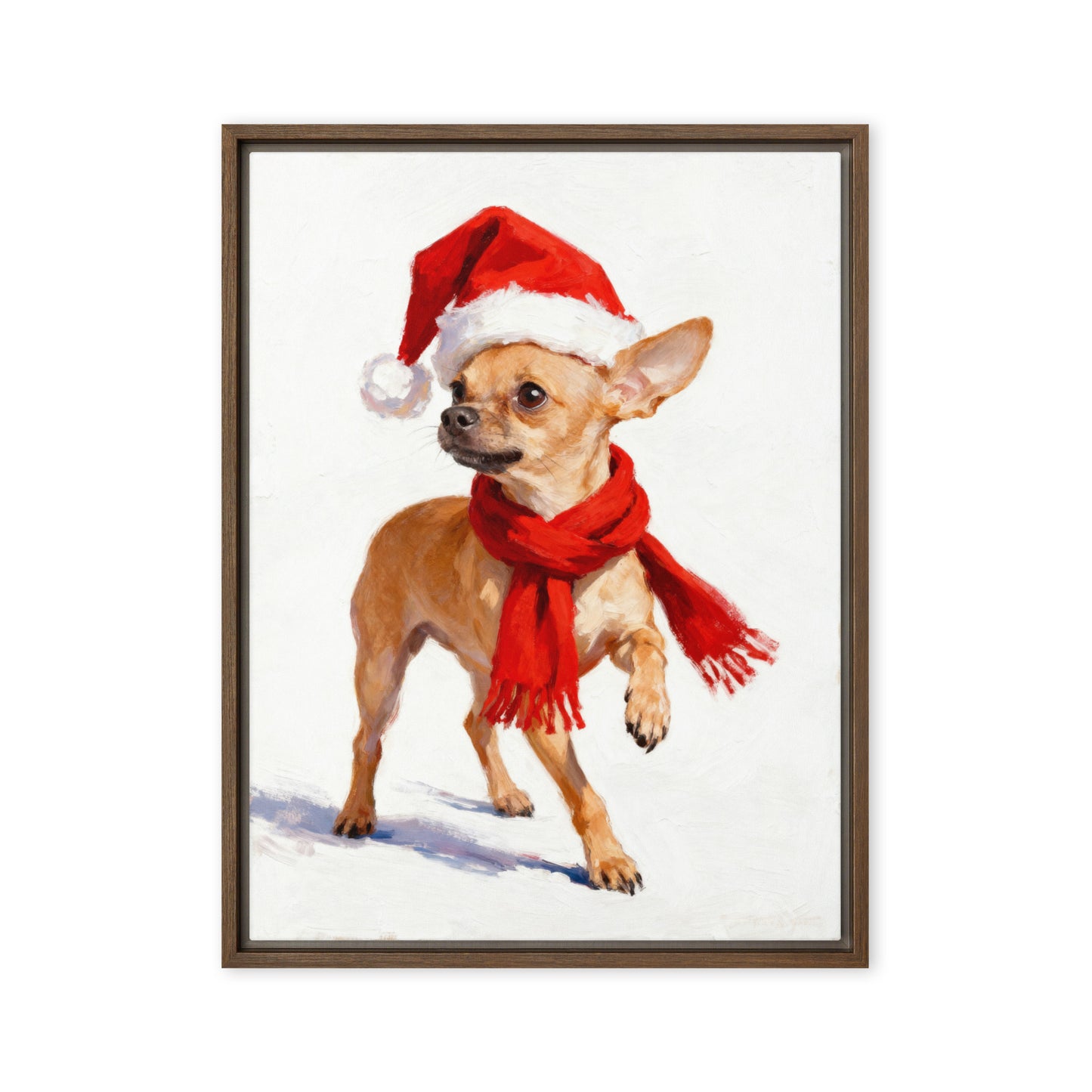 Whimsical Christmas Chihuahua portrait with red Santa hat and scarf on snowy white background.