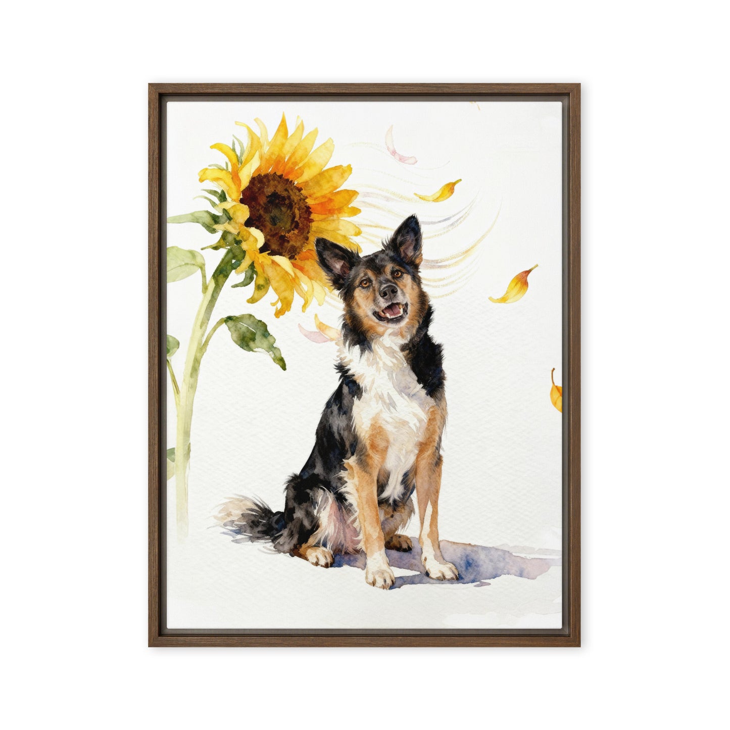 Custom watercolor sunflower pet portrait of a smiling dog with floating pink and yellow petals, painted on white background.