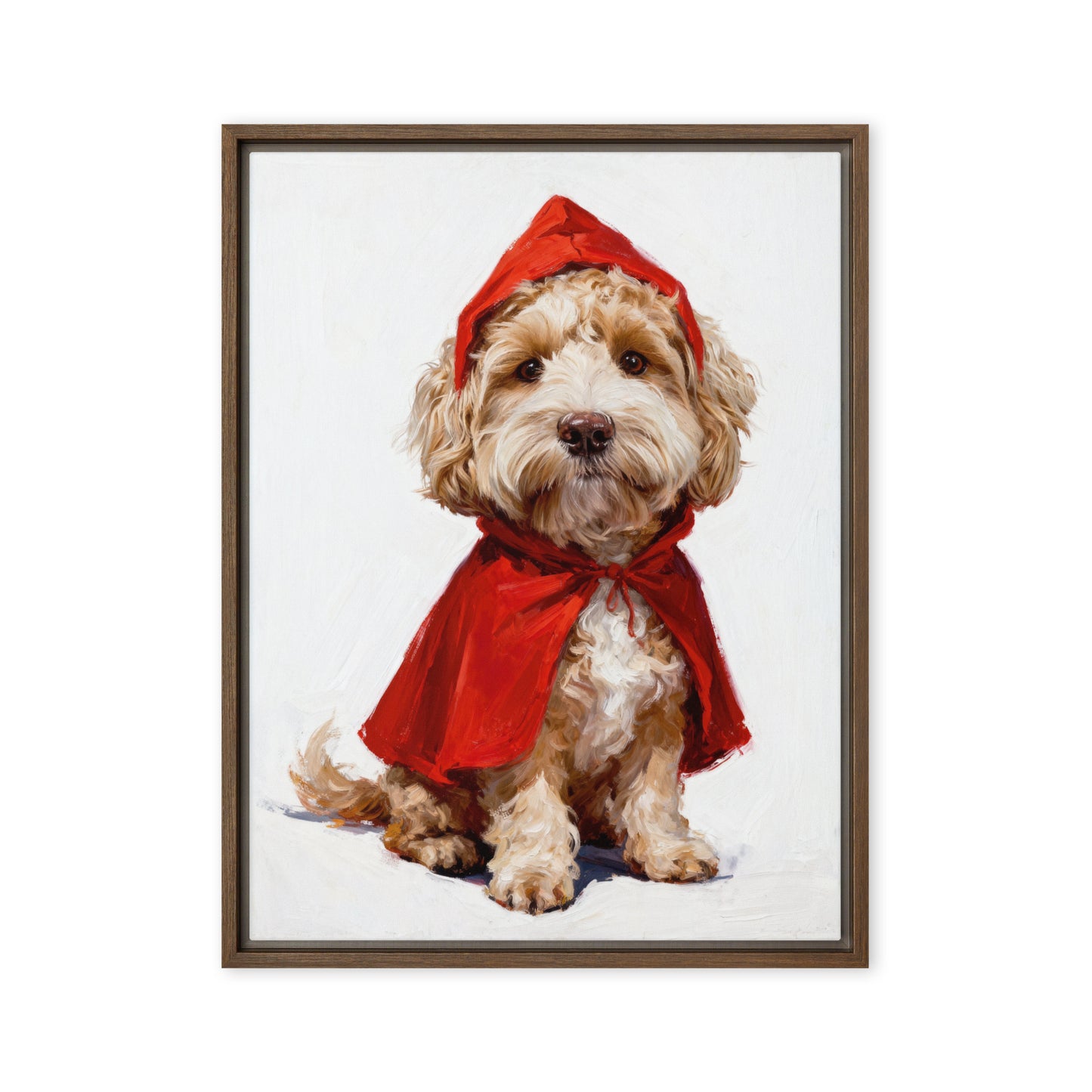 Custom pet portrait of a small dog in a red riding hood cape, whimsical fairy tale costume for personalized pet artwork.