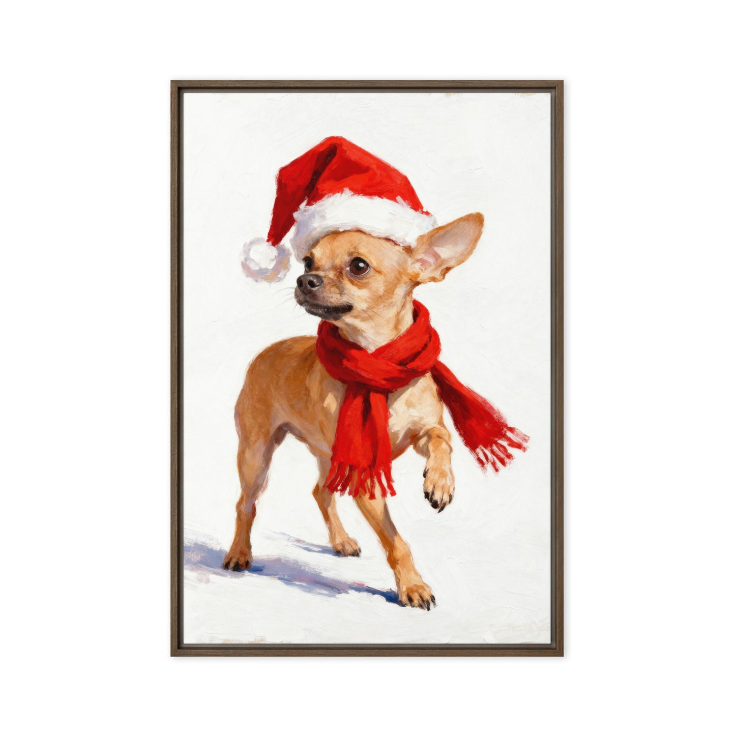 Whimsical Christmas Chihuahua portrait with red Santa hat and scarf on snowy white background.