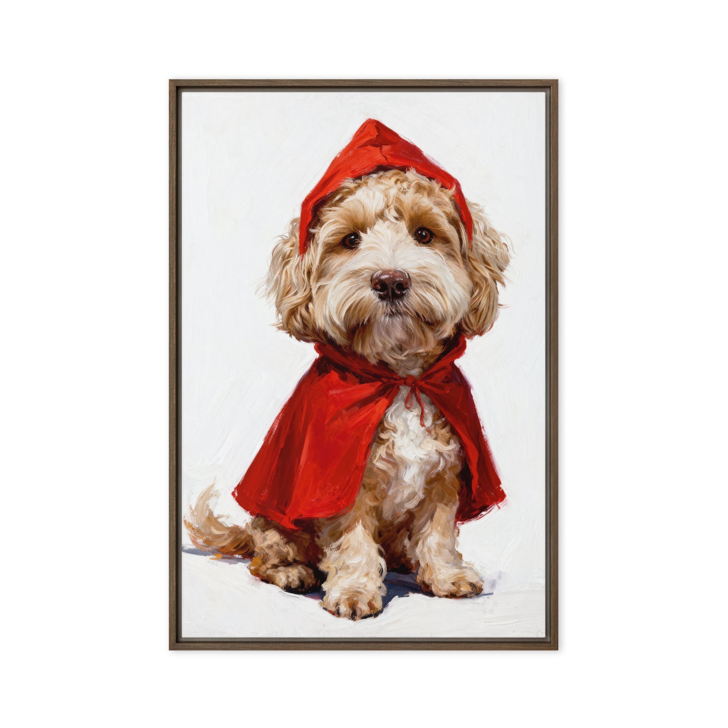 Custom pet portrait of a small dog in a red riding hood cape, whimsical fairy tale costume for personalized pet artwork.