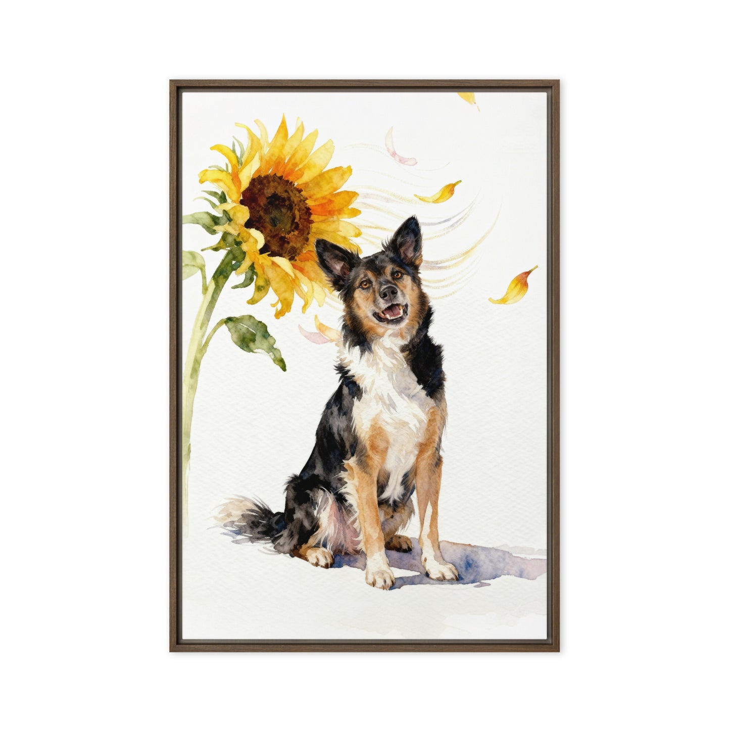 Custom watercolor sunflower pet portrait of a smiling dog with floating pink and yellow petals, painted on white background.