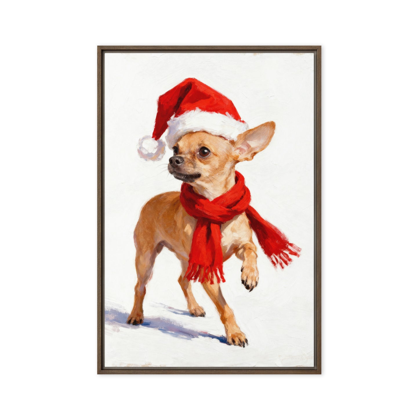 Whimsical Christmas Chihuahua portrait with red Santa hat and scarf on snowy white background.