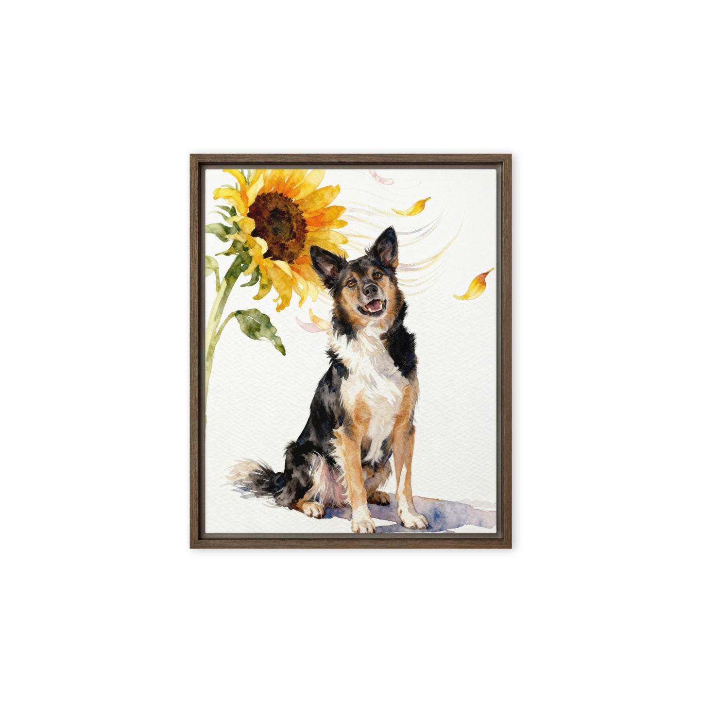 Custom watercolor sunflower pet portrait of a smiling dog with floating pink and yellow petals, painted on white background.