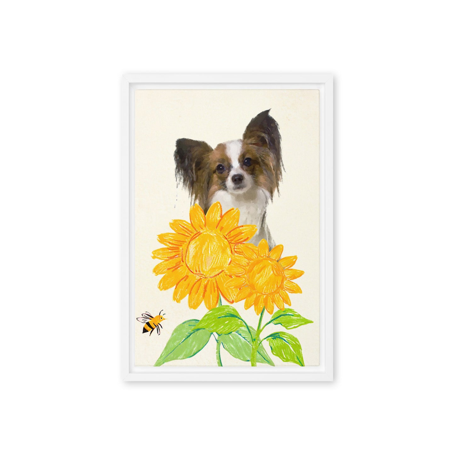 Minimalist crayon-style pet portrait of a Papillon dog surrounded by bright yellow sunflowers and a bee, set against a light framed canvas.
