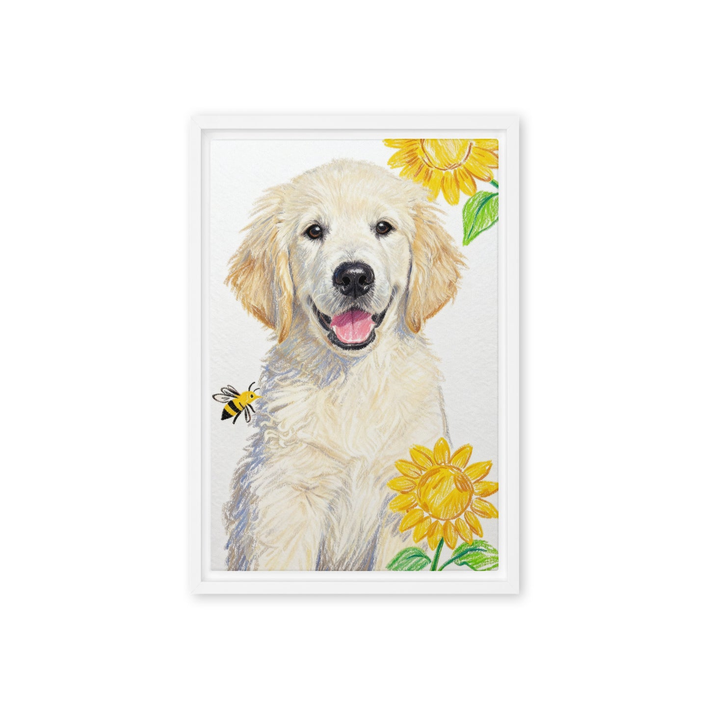 Crayon-style pet portrait canvas with sunflowers and bee.