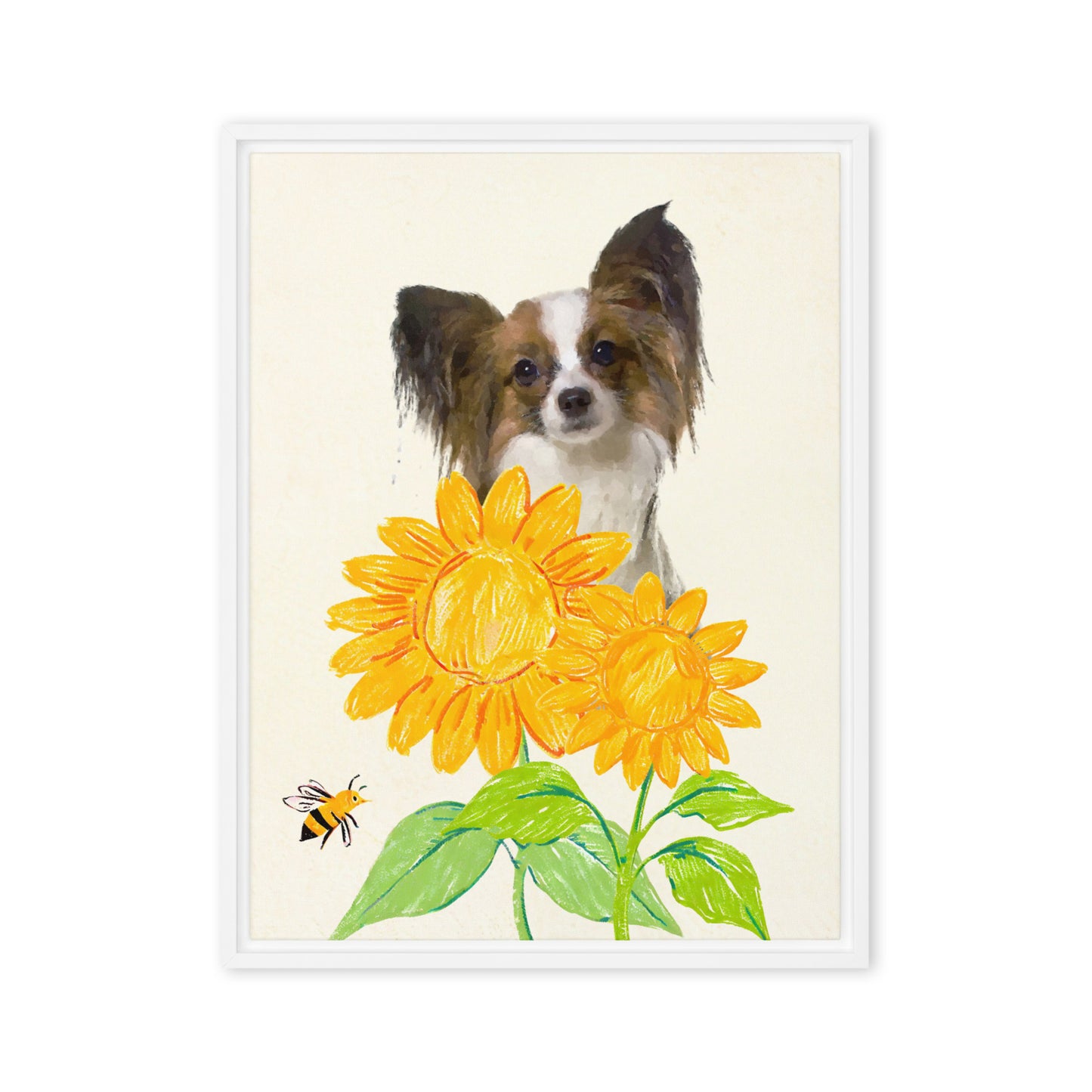 Minimalist crayon-style pet portrait of a Papillon dog surrounded by bright yellow sunflowers and a bee, set against a light framed canvas.
