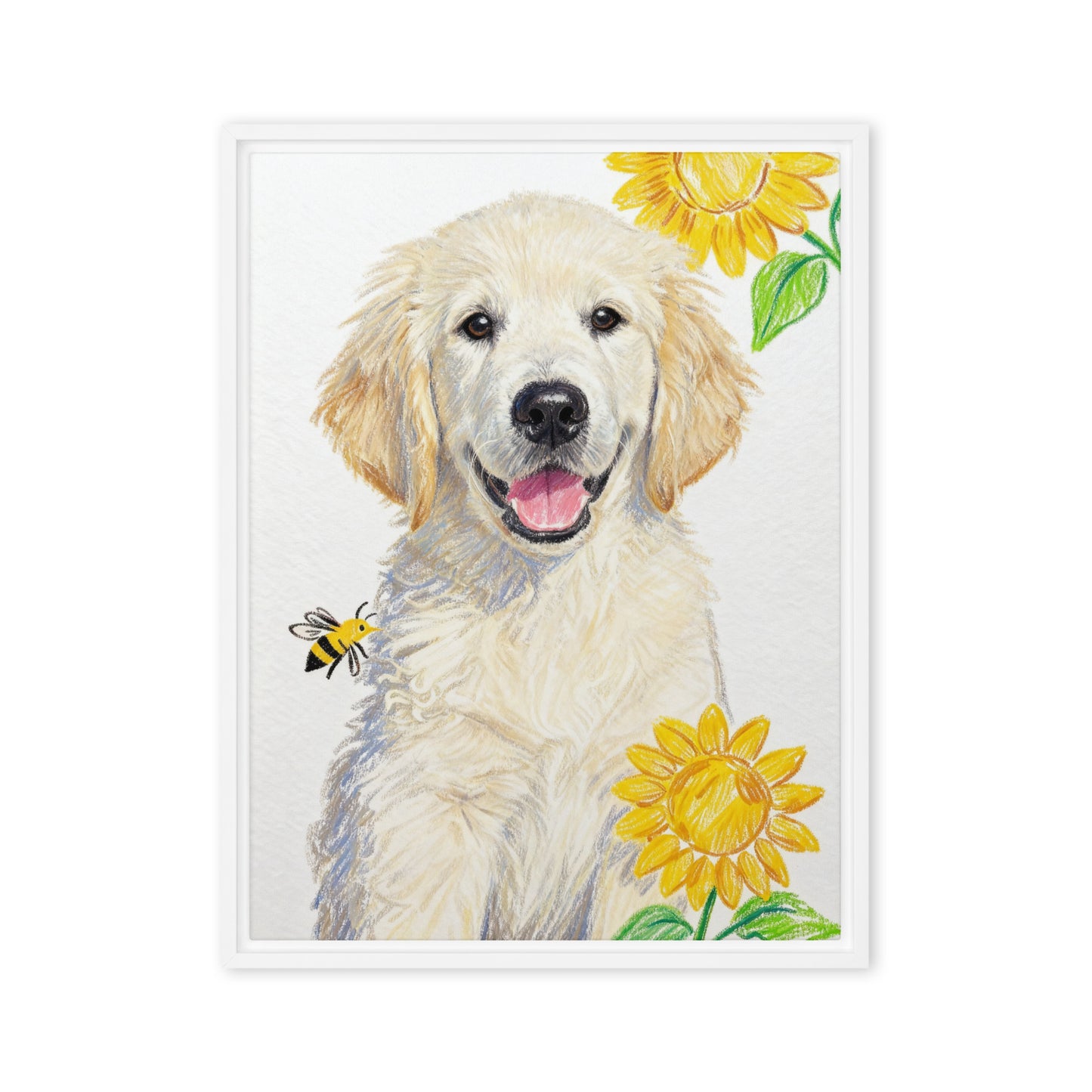 Crayon-style pet portrait canvas with sunflowers and bee.