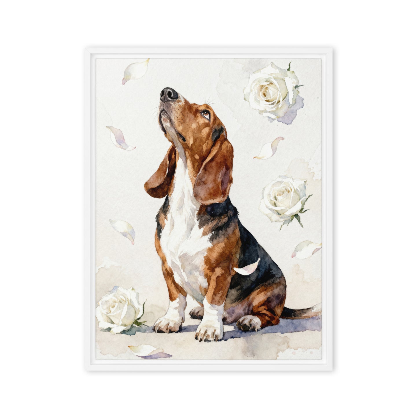 Custom watercolor pet portrait canvas featuring a dog with white roses and pastel petals in a minimalist floral design.